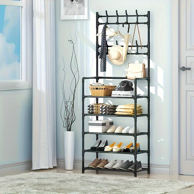 Shoe Rack Organizer with 8 Double Hooks & Multi-Layer Storage Shelves – Floor Standing Coat Hat Holder for Entryway Bedroom Living Room