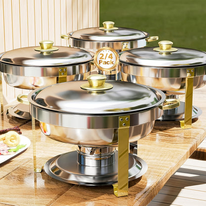 6/9QT Chafing Dishes For Buffet, 1/2/4/6 Pack Round Chafing Dish Buffet Set, High Grade Stainless Steel Buffet Food Warmers Sets For Catering Events Parties Dinners With Complete Set, Golden And Silver, Only For Cooking