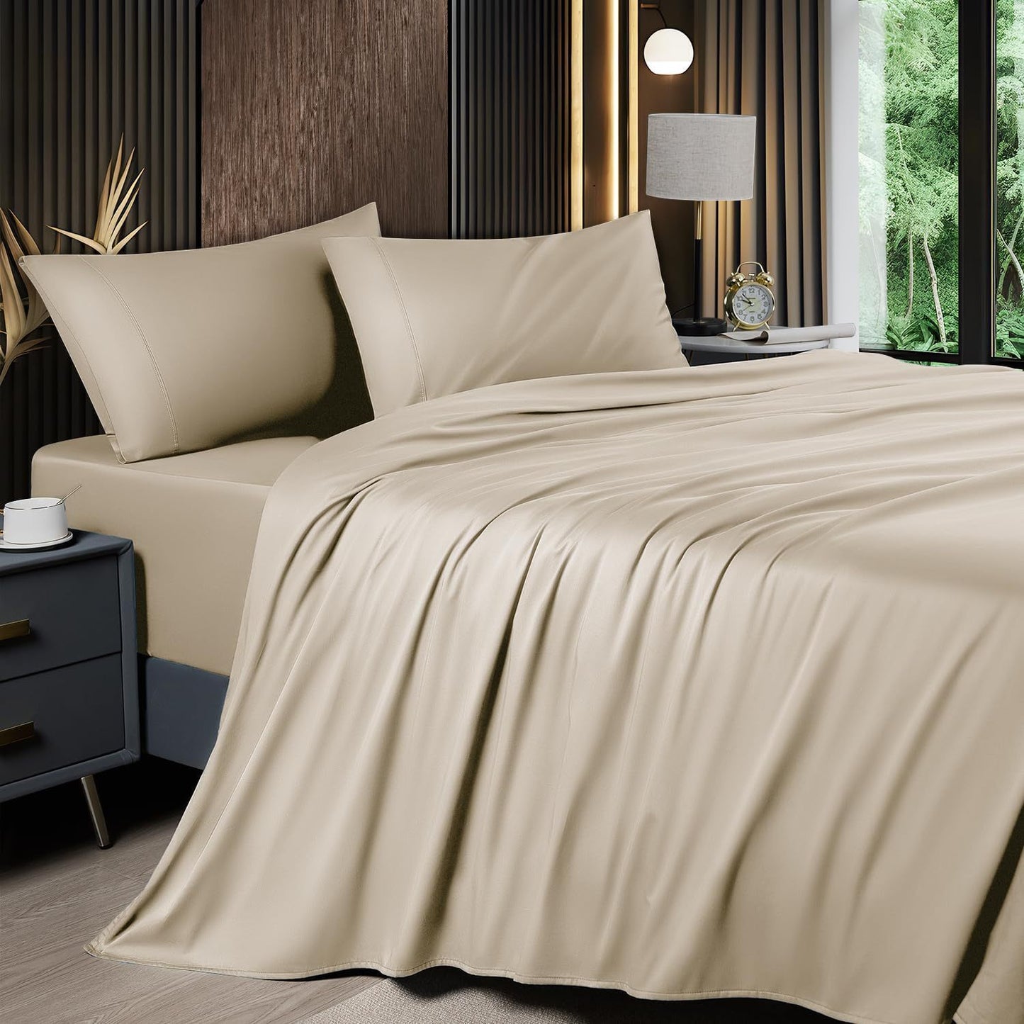 4pcs 2200TC Cooling Bamboo Bed Sheet Set Summer Chill Collection-16" Deep Pocket - Silky Soft Luxury Bedding W/ Flat Sheet, Fitted Sheet & Pillowcases (Beat The Hea Stay Cool All Night) Queen Size Sheet Set Breathable Sheets Sets Queen Size Gifts
