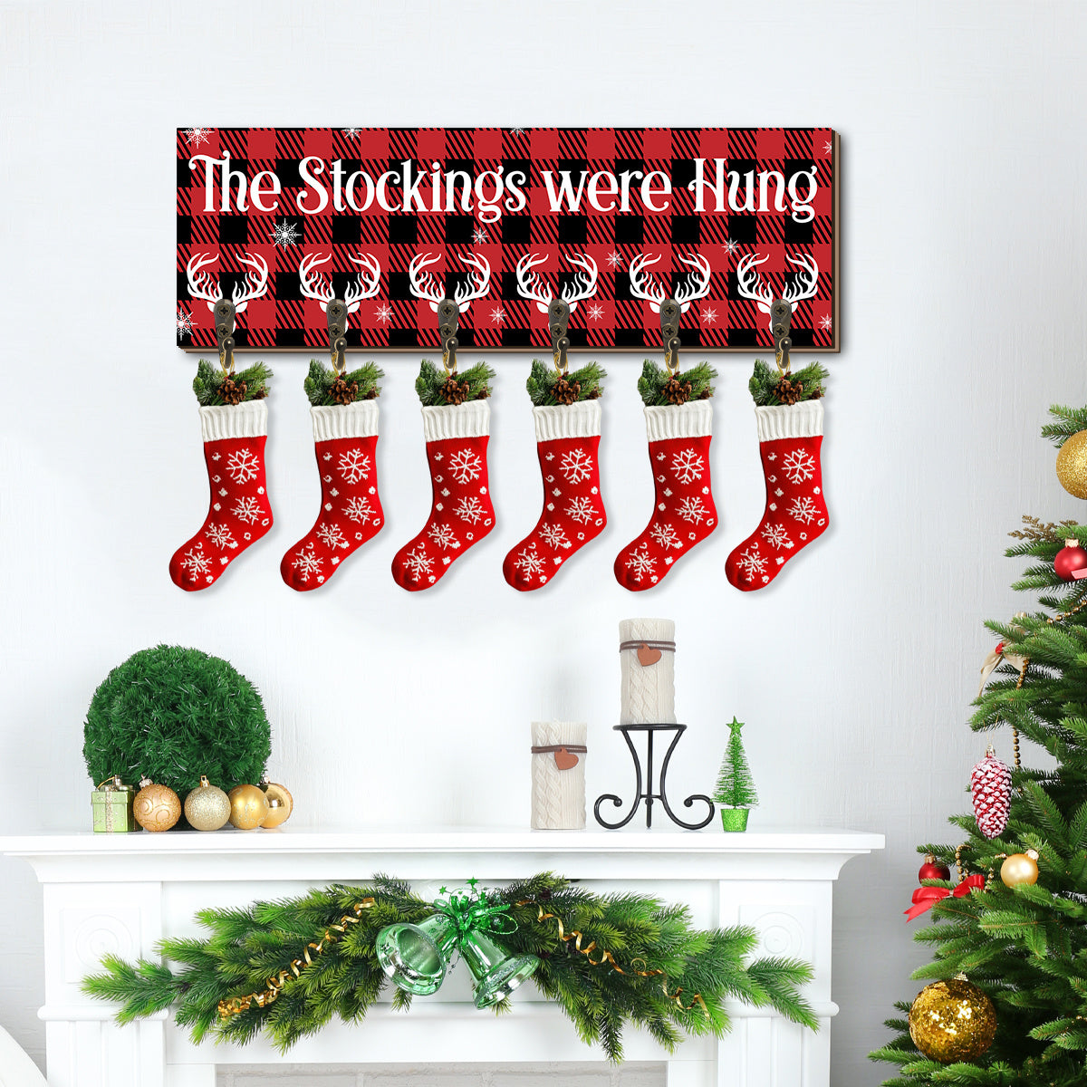 A Single Christmas Stocking Holder Featuring Six Hooks, Designed to Hang Stockings on a Wooden Sign. This Decorative Wall Hook Rack Is Perfect for Mantels, Showcasing The Phrase 'The Stockings Were Hung' in a Snowflake Design