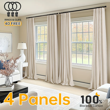4 Panels 100% Blackout Curtains for Living Room - Faux Linen Textured Curtains 4 Panel Set- Complete Thermal Insulated Drapes for Bedroom with Clip Rings Or Rod Pocket Options for Ultimate Darkness And Energy Efficiency Home Decor