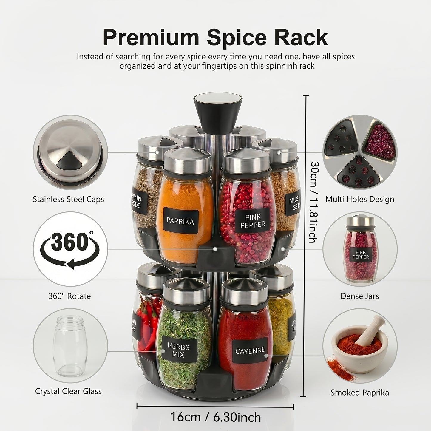 Glass Spice Jar Set with Rotating Rack – Airtight Kitchen Spice Organizer with 360° Stainless Steel Stand – Food Grade Glass Seasoning Bottles for Pantry, Cabinet & Countertop Storage – 6 or 12 Piece