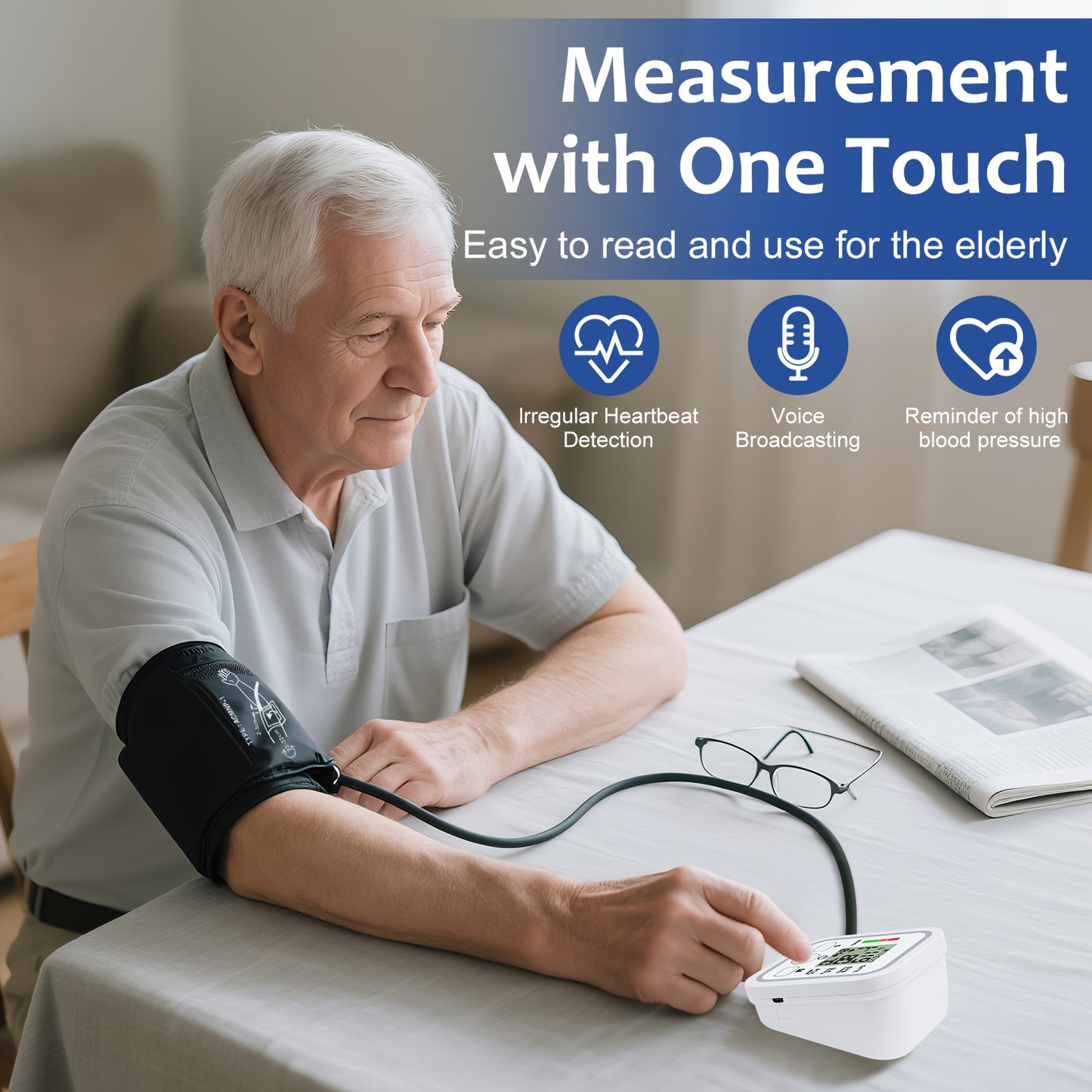 Upper Arm Blood Pressure Monitor | Large LCD Display, One-Touch Operation, Voice Broadcast, Heart Rate Detection, Hypertension & Irregular Heartbeat Alerts, 2x99 Memory, 8.7-14.2 Inch Adjustable Cuff | Home Use for Seniors & Pregnant Women