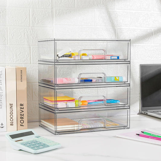 2/ 3/ 4 Pack Table and Drawer Storage, Clear Stackable Storage Drawers, Office Storage and Organization, Acrylic Plastic Organizers Bins for Desk Organization, Desk & Drawer Organizer for Home Storage