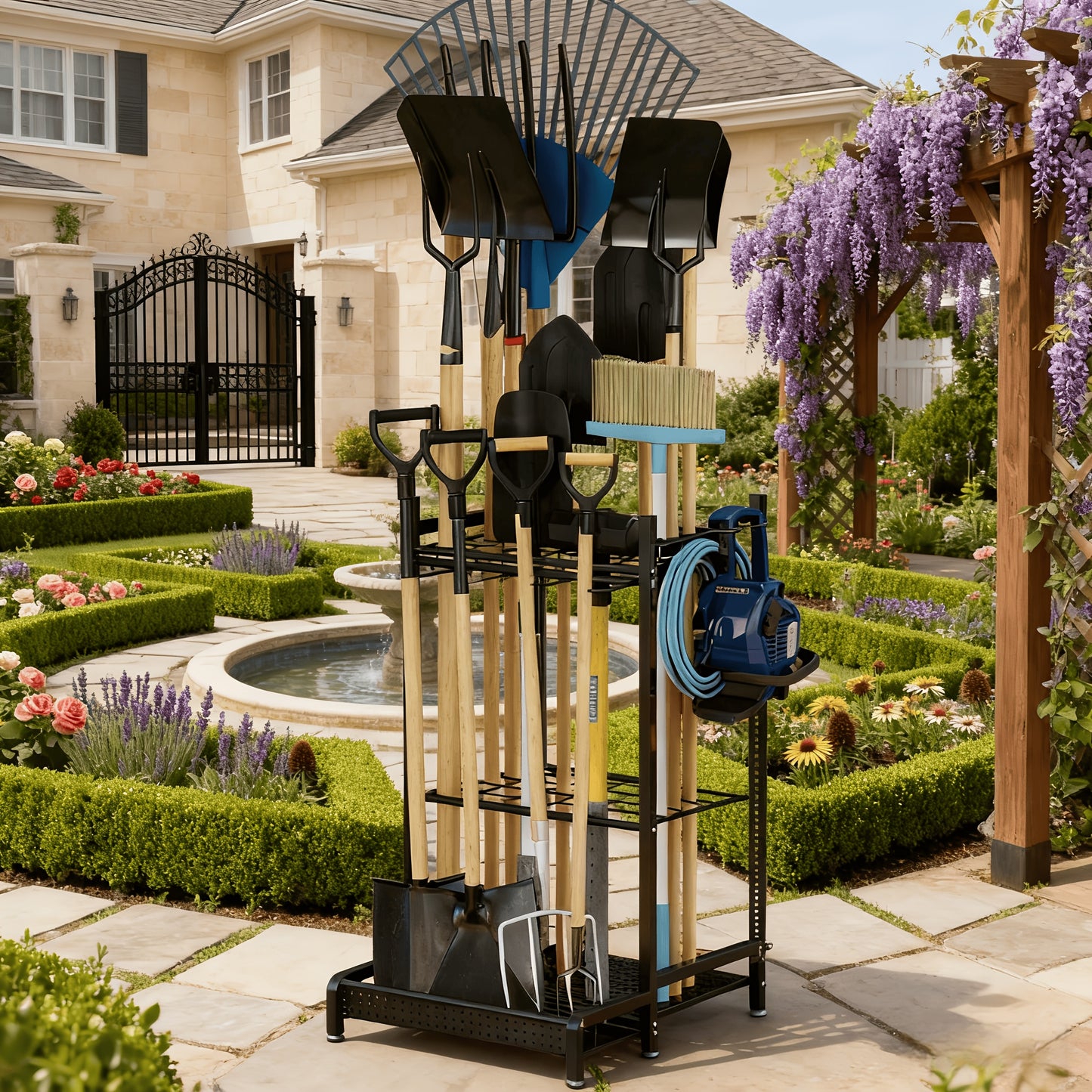 Garden Tool Organizer for Garage – Metal Yard Tool Storage Rack with Hooks & Wheels for Long-Handled Tools, Broom, Shovel, Rake, Mop – Heavy Duty Freestanding Tool Stand Holder, Black