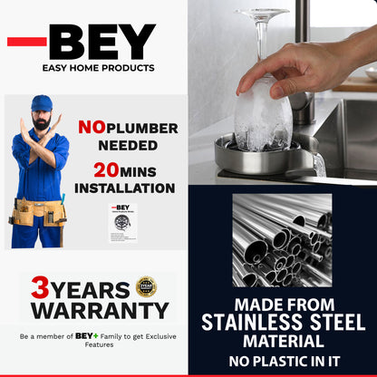 BEY Automatic Glass Rinser - Powerful Cup Washer for Kitchen Sink, Stainless Steel Baby Bottle Cleaner Sinks Attachment, Bar Accessories Spray Metal
