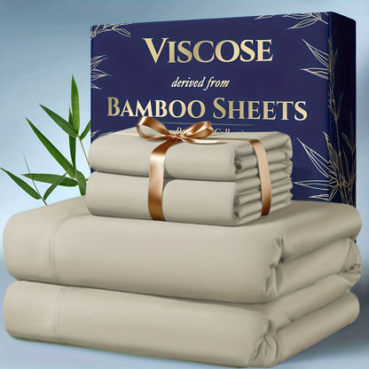 4pcs Bamboo Cooling Bedding - Extra Deep Pocket Breathable And Cooling - Suitable for Hot Sleepers And Sweats, Children Pillowcases, Flat Sheet And Fitted Sheet - A Perfect Gift for Family, Queen And King Sizes, Next Day Delivery