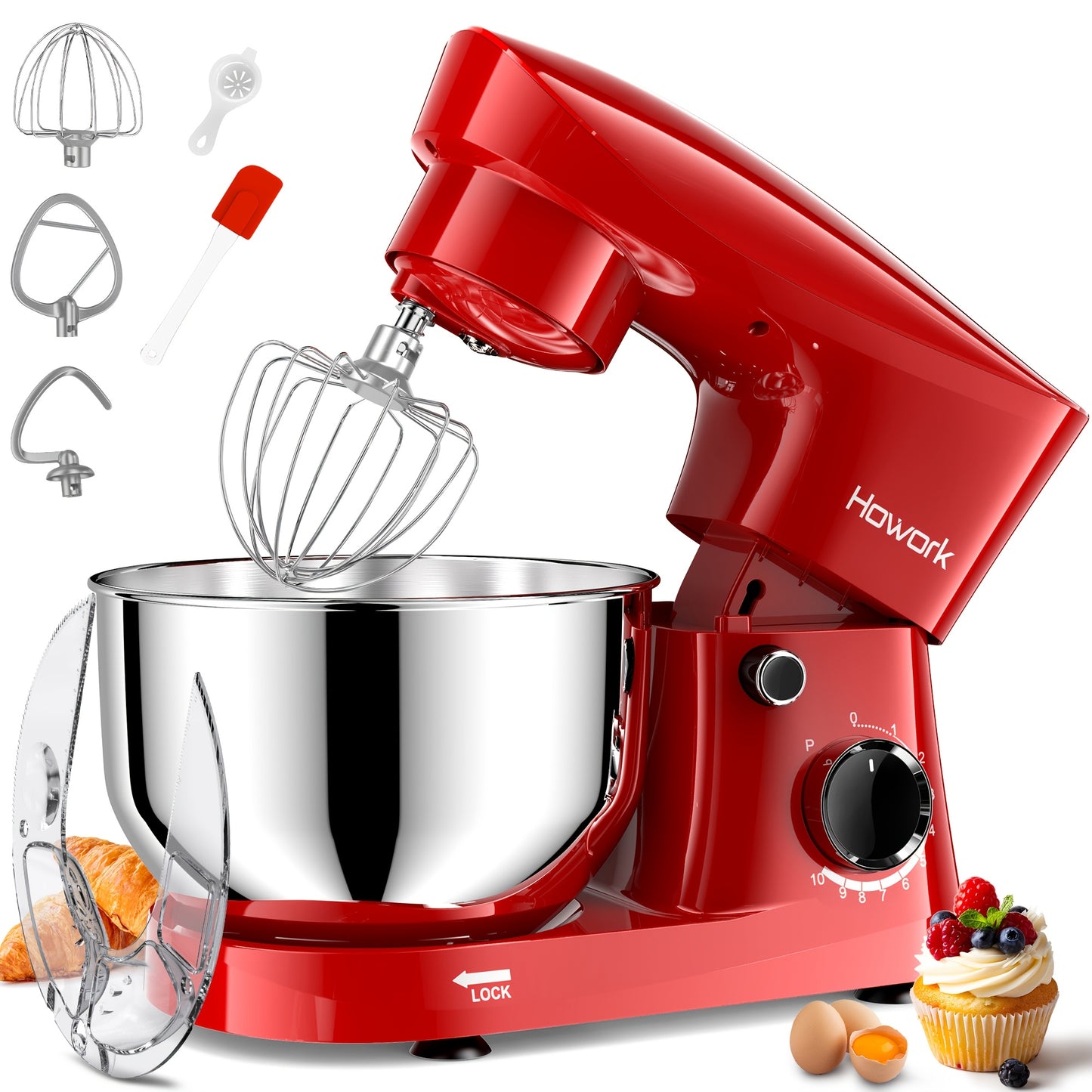 HOWORK Stand Mixer 10-Speed 5QT Electric Kitchen Mixer With Dishwasher-Safe Dough Hooks, Flat Beaters, Wire Whip & Pouring Shield Attachments For Most Home Cooks