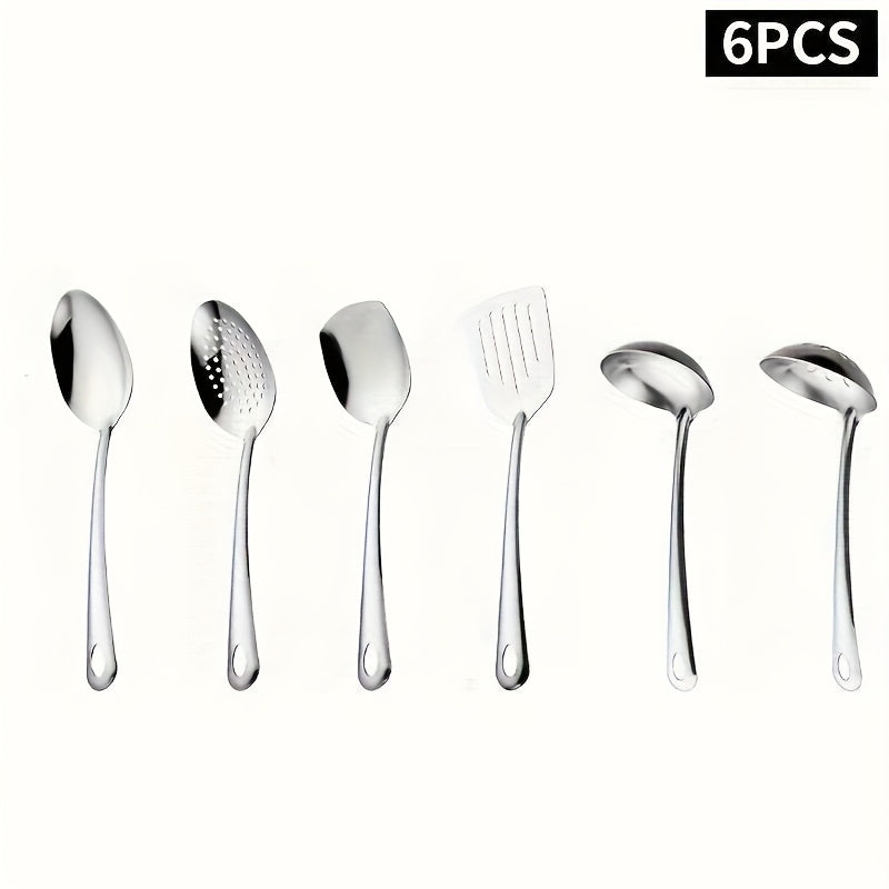6pcs Set of Korean Style Stainless Steel Golden-plated Kitchen Utensils: Home Cooking Spoons, Frying Flip Spoons - Essential Luxury Golden Service Spoons with Filters and Hot Pot Clips, Perfect for Cooking, Buffets, Restaurant Banquets