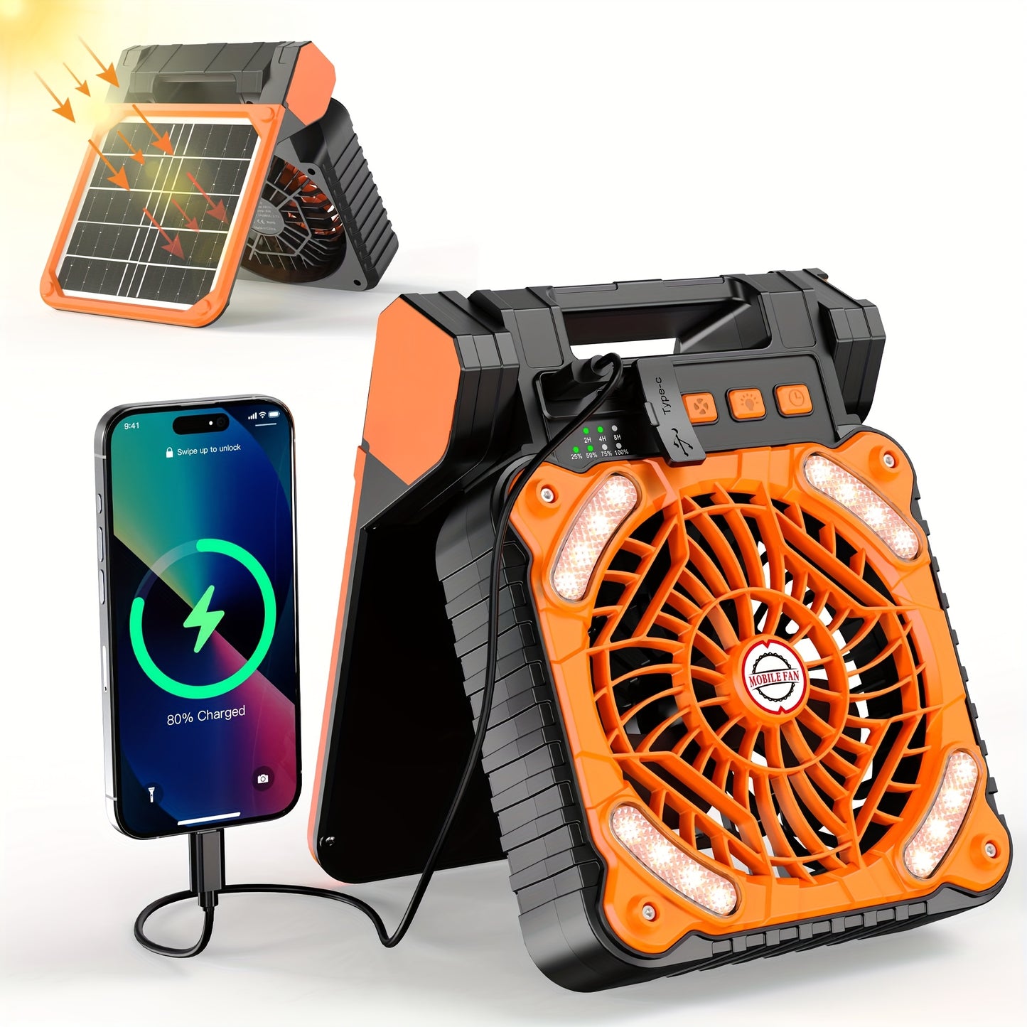 Portable Camping Battery Fan With Solar Panel, 10400mAh Rechargeable Fan With Timer LED Light Small USB Battery Powered Camping Fans For Travel Picnic Outdoor Indoor Cooling Sleeping