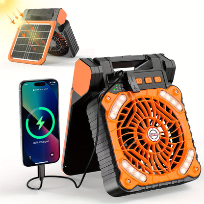 Portable Camping Battery Fan With Solar Panel, 10400mAh Rechargeable Fan With Timer LED Light Small USB Battery Powered Camping Fans For Travel Picnic Outdoor Indoor Cooling Sleeping