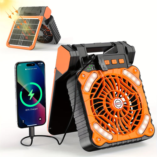 Portable Camping Battery Fan With Solar Panel, 10400mAh Rechargeable Fan With Timer LED Light Small USB Battery Powered Camping Fans For Travel Picnic Outdoor Indoor Cooling Sleeping