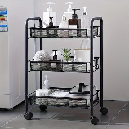 Multi-layer Carbon Steel Storage Trolley, Multifunctional Storage Trolley On Wheels, Space Saving Detachable Carbon Steel Wire Basket, Black, Suitable for Kitchen, Living Room, Bedroom, Office-bathroom Storage, Shelves
