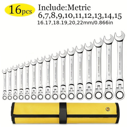 180° Flex-Head Ratcheting Wrench Set, 16pcs Metric 6-22mm, 72 Teeth, CR-V Steel, Ratchet Wrenches Set With Organizer Bag