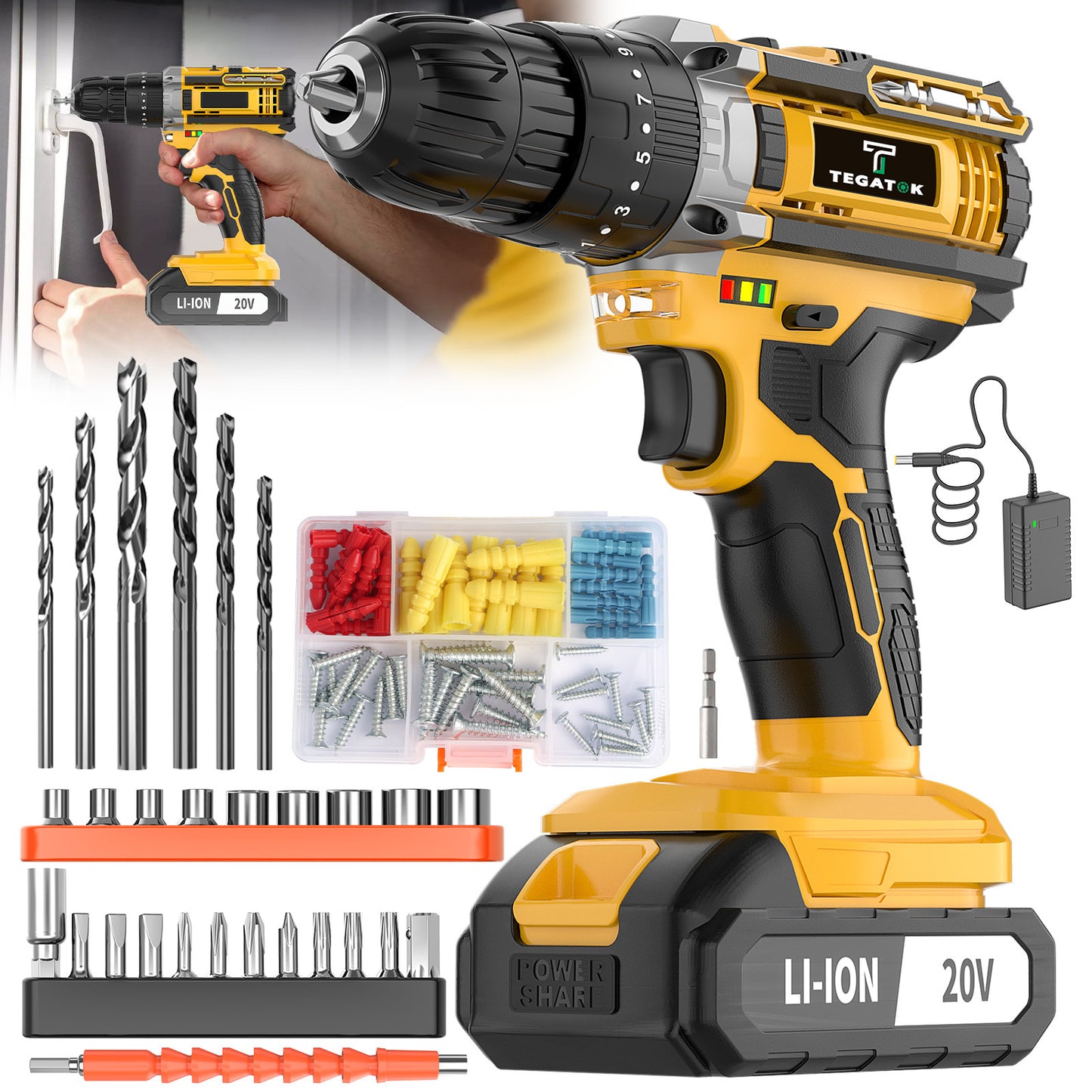Tegatok 20V 58/136pcs/ 147pcs Cordless Impact Drill Kit With 20 Plus 3 Torque Settings 45Nm Max Torque Built In LED Light 2.0Ah Rechargeable Battery And Fast Charger Ideal For Home Renovation Woodworking Furniture Assembly Metal Drilling