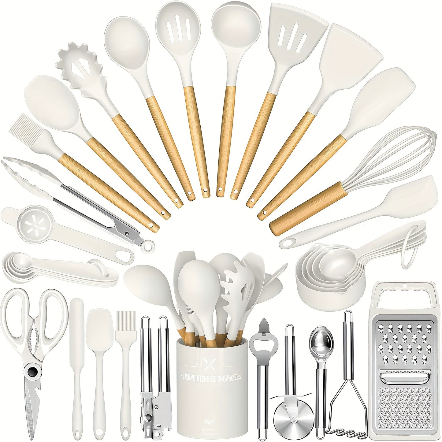 Kitchen Utensils Set- 34pcs Silicone Cooking Utensils with Holder, Heat Resistant Kitchen Utensil Spatula Set for Nonstick Cookware, Black Wooden Handles Kitchen Gadgets Tools Set Father Gift