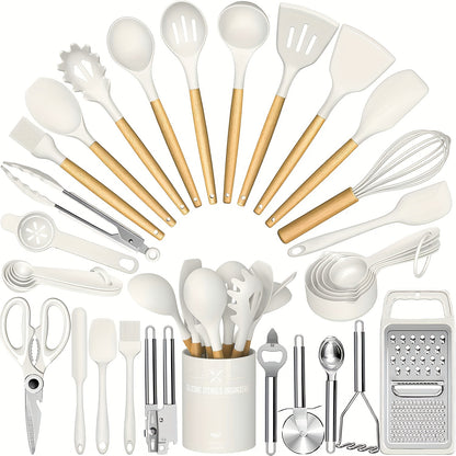 Kitchen Utensils Set- 34pcs Silicone Cooking Utensils with Holder, Heat Resistant Kitchen Utensil Spatula Set for Nonstick Cookware, Black Wooden Handles Kitchen Gadgets Tools Set Father Gift