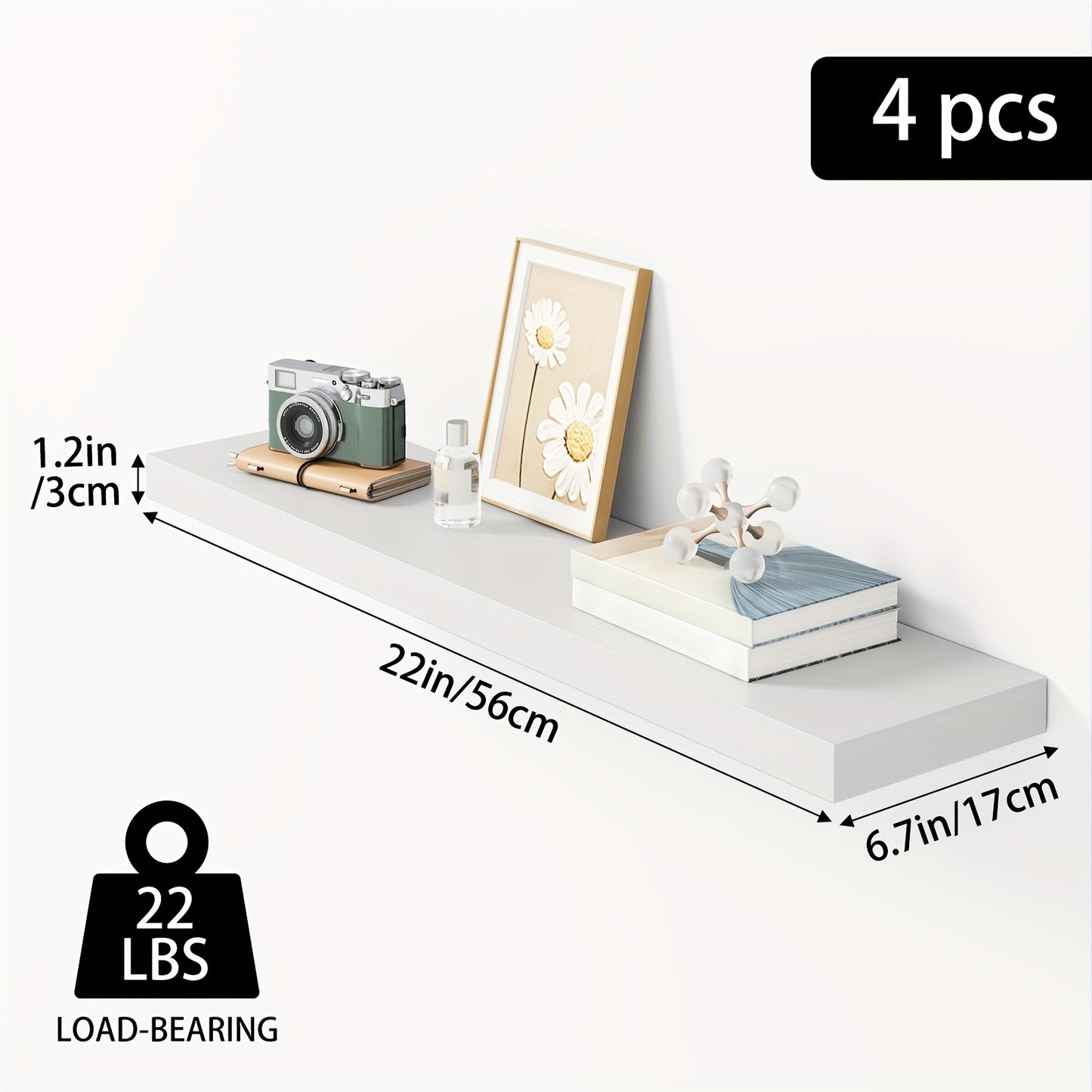 TOMNK Floating Shelves, 4pcs, 56cm/22in, Wall Shelves For Bathroom/Living Room/Bedroom/Kitchen Decor, Shelves With Invisible Brackets Set (Walnut/Light Brown/White/White Oak/Black)