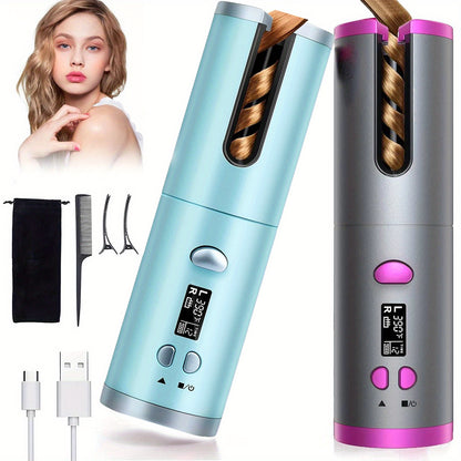[USB Rechargeable Curling Iron] Rotating Curling Iron 1 Inch, USB Rechargeable Cordless Automatic Curling Iron with Ceramic Curling Wand, 6 Heat Settings, LCD Display Detangle & Scald-Free Automatic Hair Curler for Hair Styling