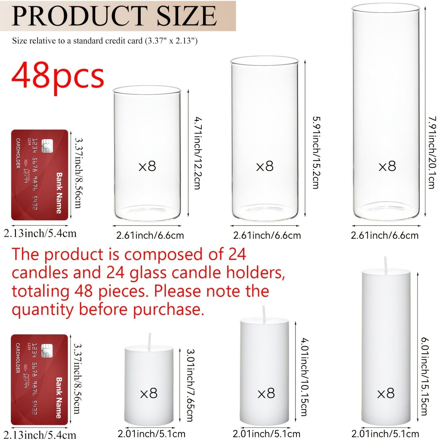 Pillar Candles with Clear Glass Hurricane Holders – Unscented White Cylinder Candles & Vases for Wedding Centerpieces, Party Tables, Home & Office Decor, Bulk Set 24 or 48 Pieces