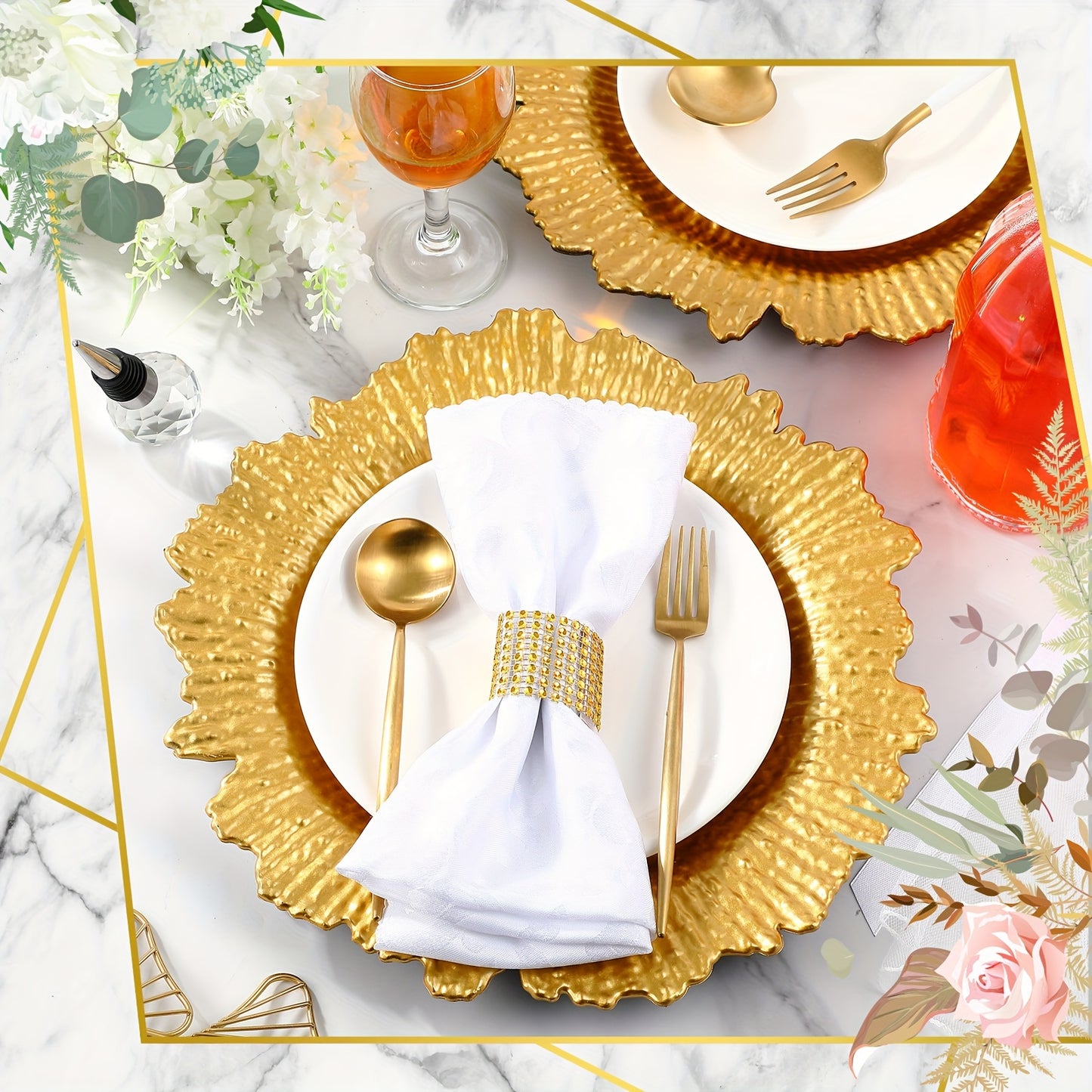 100pcs Wedding Plates, 13 Inch Plastic Wedding Floral Decorative Plates with Metallic Ruffled Rim for Wedding Party, Holiday Event Supplies
