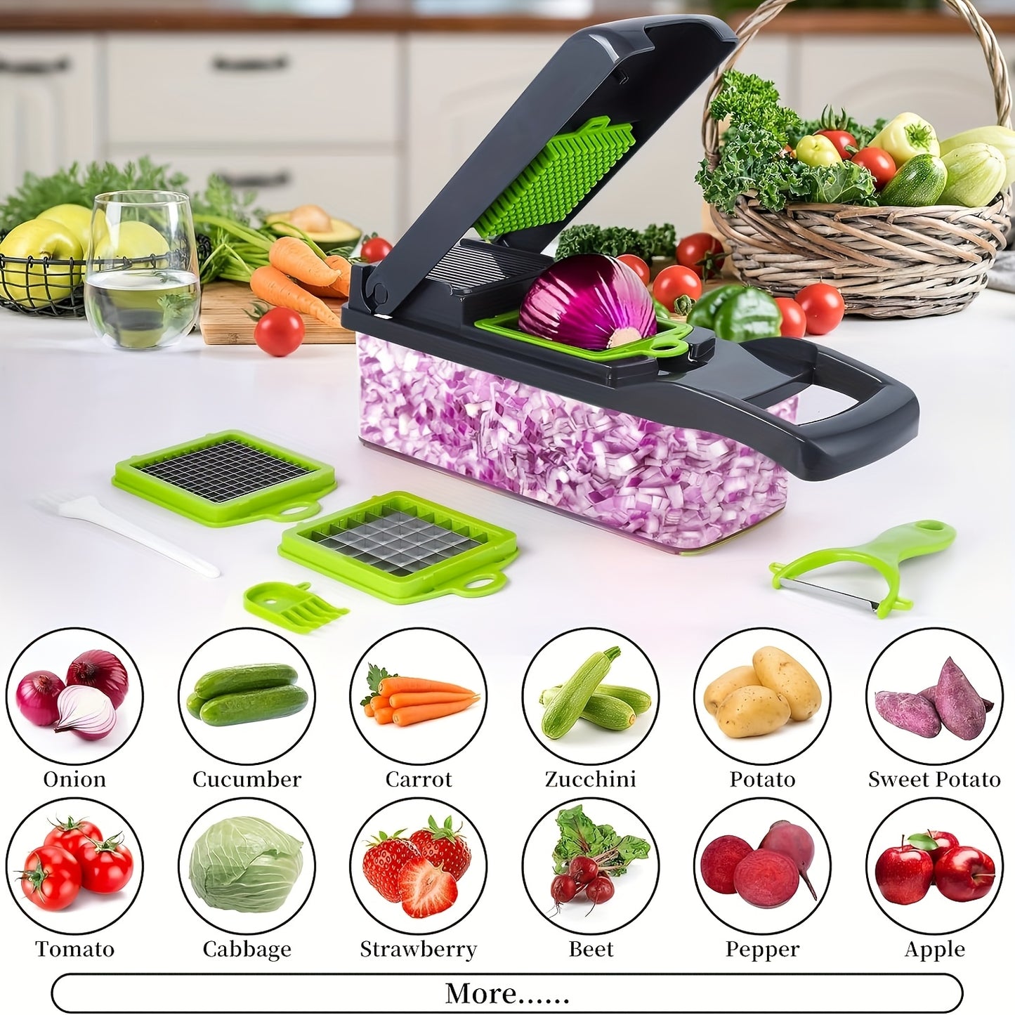 1pc Vegetable Chopper, Plastic Manual Food Chopper, 16-in-1 Multifunctional Kitchen Slicer and Dicer with 8 Blades and Container, for Fruits and Vegetables, 1-10L Capacity