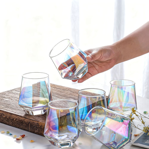 Stemless Wine Glass Set Of 6(10 Oz), Iridescent Glassware, Modern Rainbow Wine Glass For Serving White Wine, Red Wine, Cocktail, Whiskey, Bourbon, Cool Water