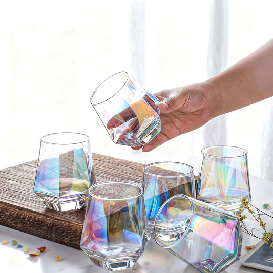 Iridescent Stemless Wine Glasses Set of 6, 10 oz Rainbow Glassware for White Wine Red Wine Cocktail Whiskey Bourbon Water, Modern Colorful Wine Glass Gift Set for Women Men Home Bar Party