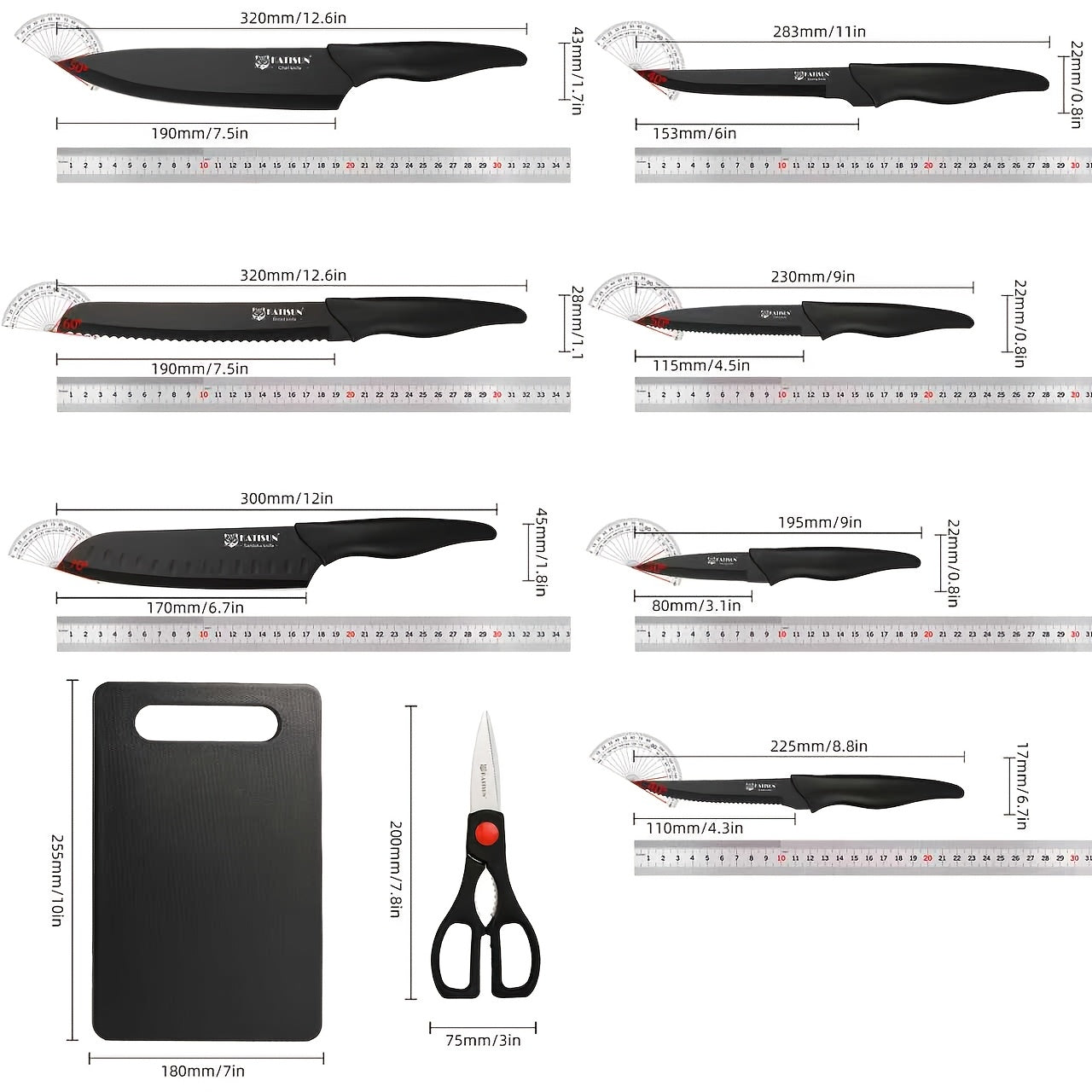 Kitchen Knife Set 15 Piece Professional Chef Knife Set with Wooden Block Non-Slip ABS Handle Cutting Board Kitchen Shears Black Coded Knives for Home Restaurant