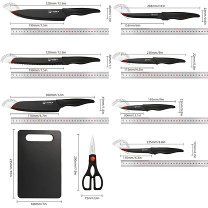 Kitchen Knife Set 15 Piece Professional Chef Knife Set with Wooden Block Non-Slip ABS Handle Cutting Board Kitchen Shears Black Coded Knives for Home Restaurant