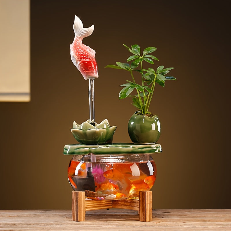 1pc USB Powered Glass And Ceramic Fish Waterfall Fountain, Relaxing Desktop Water Feature in The Living Room, Equipped with Decorative Glass Fish And Plants, a Unique Desktop Fountain Gift for Friends