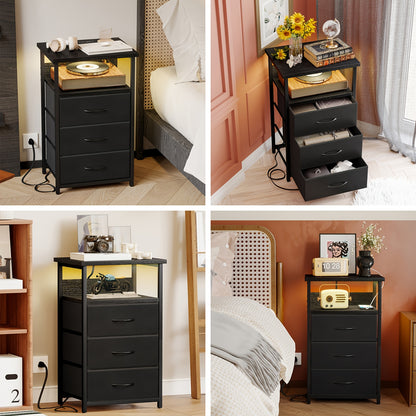 Nightstand with Charging Post, Side Table with USB Port & Socket, End-Table with 3 Drawers & Storage Shelf, Heavy Duty Night Stand, Small Dresser for Small Spaces, School And Dormitory Storage, for Halloween And Christmas, Storage Drawer Units
