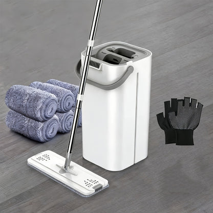 Hand Wash Free Flat Mop with Bucket And 6pcs Of Cloth And Gloves for Both Dry And Wet Household Use, One Mop for Cleaning Bedrooms, Kitchens, Bathrooms, Dust Removal, And Floor Mopping
