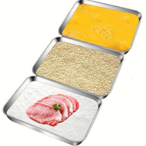 3pcs Crumb Tray Set, Stainless Steel Breading Pan for Chicken Breast Breading and Meat Marinating, Food Preparation Tray for Fish Breading and Crumb Dishes, Oven Safe, Easy to Clean, Marinating Pan, Fish Breading Tray, Baking Utensil Set