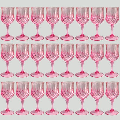 Plastic Wine Glasses 24 Pack – Colorful Shatterproof Goblets for Parties, Weddings & Events – Reusable Vintage-Style Stemmed Cups – Lightweight Bulk Drinkware in Pink, Gold, Blue, Rose Gold & Green