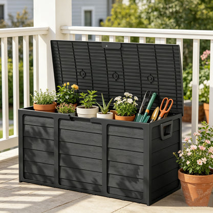 75 Gallon Outdoor Storage Box Deck Box with Handles | Large Waterproof Lockable Cabinet for Pool Accessories, Garden Tools & Camping Gear – Easy Assembly Yard Storage Bin, Pure Black