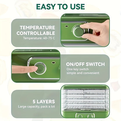 Food Dehydrator for Jerky, 5 Bpa-Free Stackable Trays, Adjustable Temperature Control for Fruit, Meat, Veggies, Herbs & Snacks, 240W, Green (5-Tier)