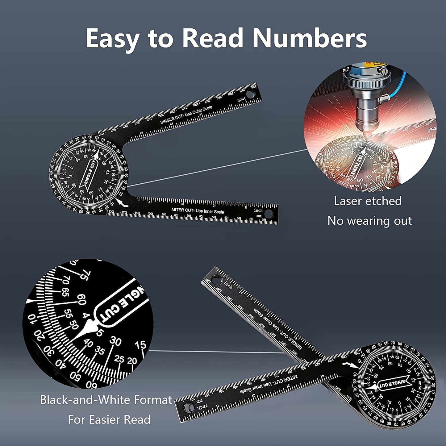 Miter Saw Protractor, 2-in-1 Professional Miter Angle Finder, 7-Inch Aluminum Protractor Angle Finder Featuring Precision Laser-Inside & Outside Miter Angle Finder for Carpenters, Plumbers and All Building Trades (Black)