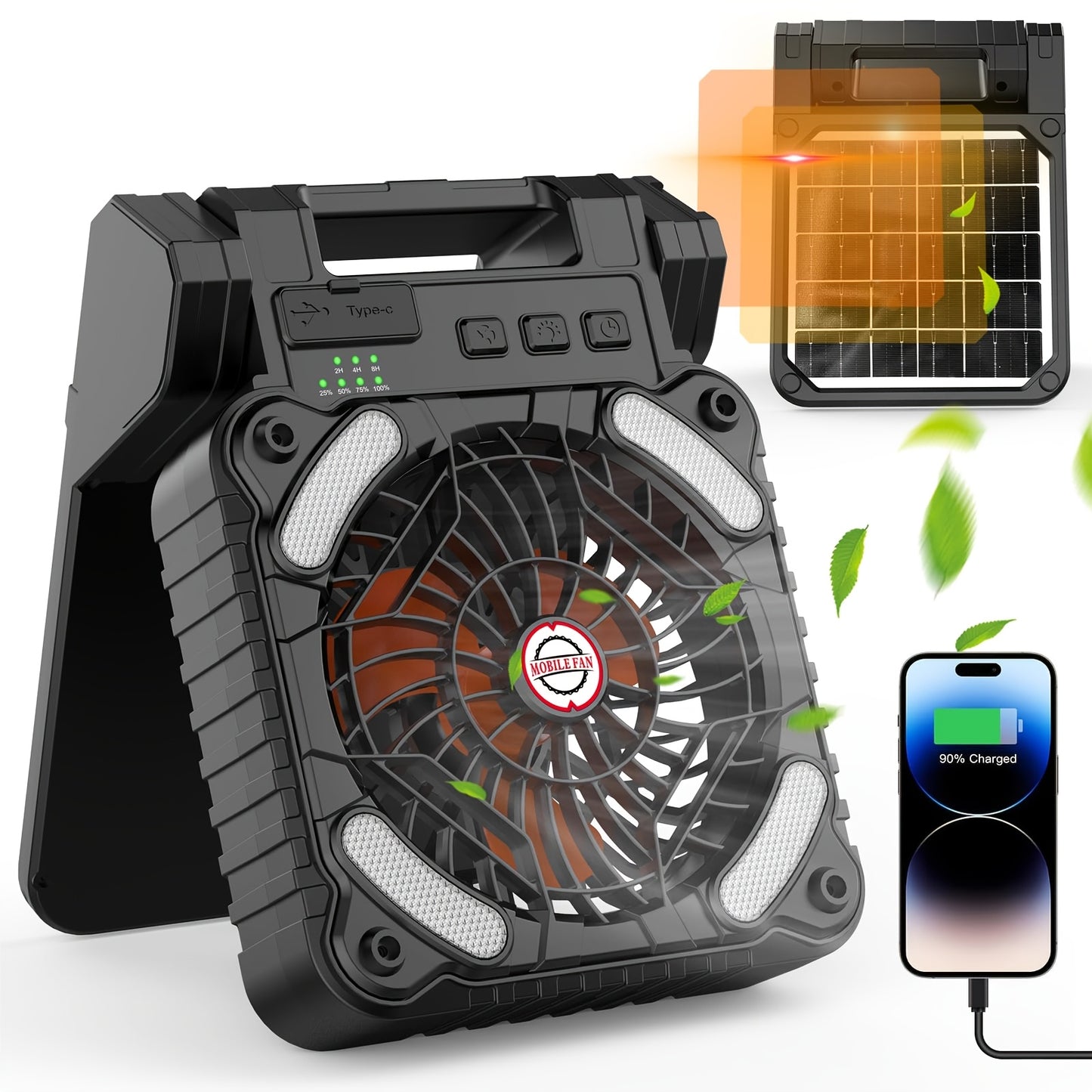 Portable Camping Battery Fan With Solar Panel, 10400mAh Rechargeable Fan With Timer LED Light Small USB Battery Powered Camping Fans For Travel Picnic Outdoor Indoor Cooling Sleeping