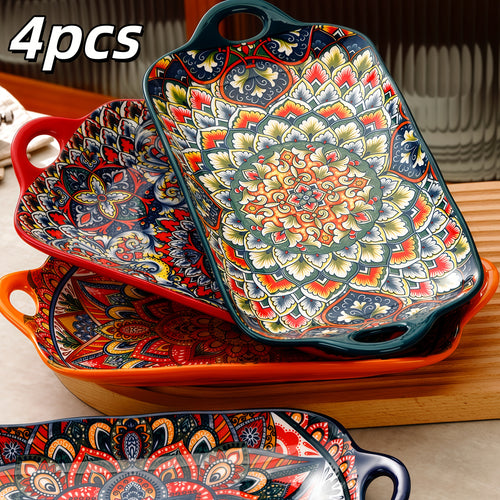 of 4, Bohemian-Inspired Ceramic Dish, Double-Handled Baking Tray, Rectangular Fish Platter, Ideal for Family Gatherings, Dining Establishments, Sushi Restaurants, Celebrations, Outdoor Picnics, Pasta Dishes, Vegetable Salads, Fruits, Desserts
