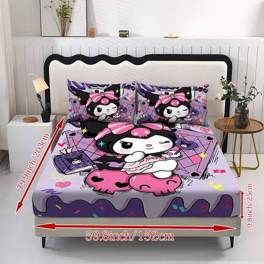 Sanrio Hello Kitty & Kuromi Bedding Set 3pcs – Fitted Sheet & Pillowcases, Soft Polyester, Machine Washable, Twin Full Queen King, All-Season Bedroom Decor for Kids Girls Home Guest Room