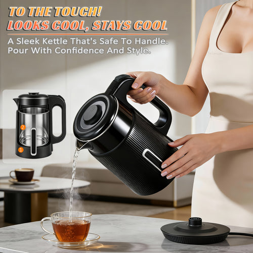 Electric Kettle 1000W Double Wall Stainless Steel – 57.48oz 304 SS Hot Water Kettle with 360° Rotary Base, LED Light, Auto Shut-Off & Boil-Dry Protection, Instant Water Warmer for Coffee & Tea – Black