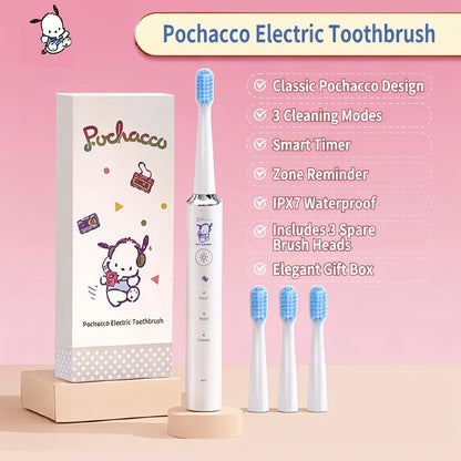 Sanrio Electric Toothbrush Hello Kitty & Pochacco - 4 Cleaning Modes, 4 Intensity Levels, 3 Replacement Brush Heads, 2-Minute Smart Timer, Cute Design Gift for Girls, Birthday, Graduation, Christmas