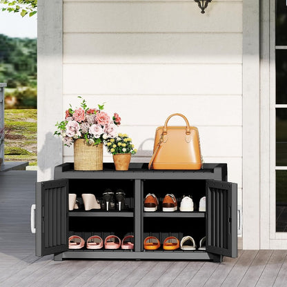 Entryway Shoe Storage Bench, Shoe Storage Bench with Hidden Cabinet, Indoor Outdoor Use, for Porch, Patio, Mudroom & Hallway - All-Weather Resin Design