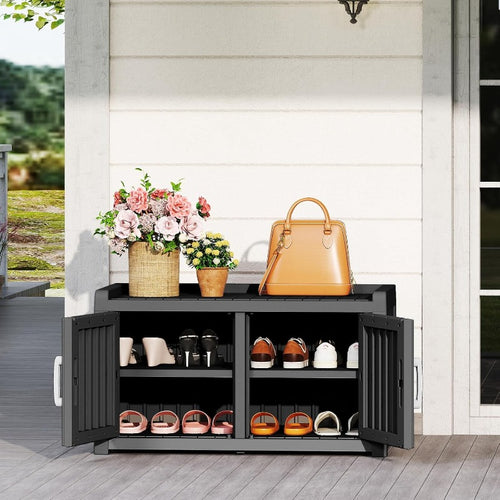 Entryway Shoe Storage Bench, Shoe Storage Bench with Hidden Cabinet, Indoor Outdoor Use, for Porch, Patio, Mudroom & Hallway - All-Weather Resin Design