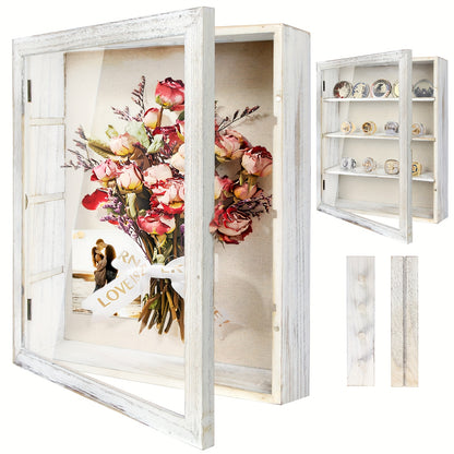 Shadow Box Frame 11x14 with 4 Removable Shelves - Large Deep Display Case for Medals Coins Pins Photos Flowers Keepsakes, Wall Hanging Memory Box for Collections, Black White Brown