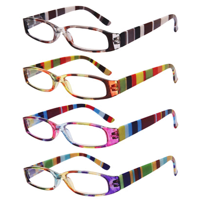 Set of 4 Retro Classic Reading Glasses with Printed Rectangle Frames for Both Men And Women Featuring Spring Hinges