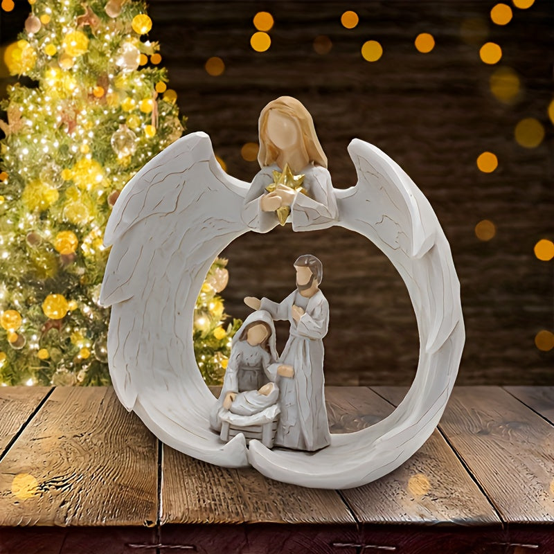 1pc The Nativity Scene Featuring The Holy Family And an Angel Statue - a Beautifully Crafted White Resin Religious Figure, Detailed Indoor Decoration, Ideal for Holiday Adornment (White)