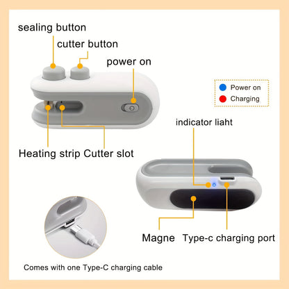 Buy 1 Get 1 Free, Total Of 2pcs Mini Bag Sealer, USB-C Rechargeable Bag Sealer, 2 In 1 Bag Sealer Heat Seal With Cutter And Magnet, Mini Bag Resealer Machine For Plastic Bags Snack Bags, Snacks Bag Sealer, Heat Sealer