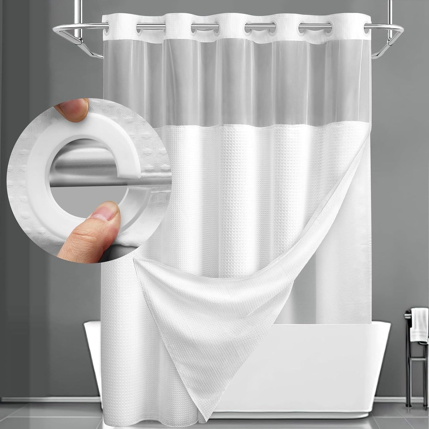 Hookless Shower Curtain with Snap Liner 74x71 Inch - Waffle Texture Double Layer with See-Through Window Waterproof Washable Hotel Quality Bathroom Curtain Set | Grey White Matcha Black | Home Decor Gift